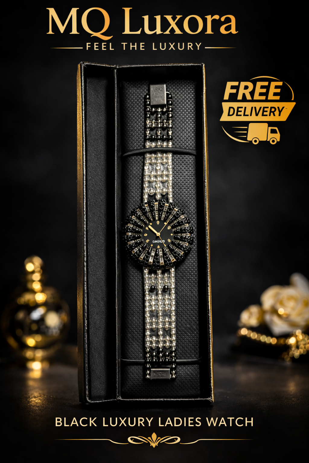 Black Luxury Ladies Watch | MQ LUXORA | Elegant Design | Free Delivery