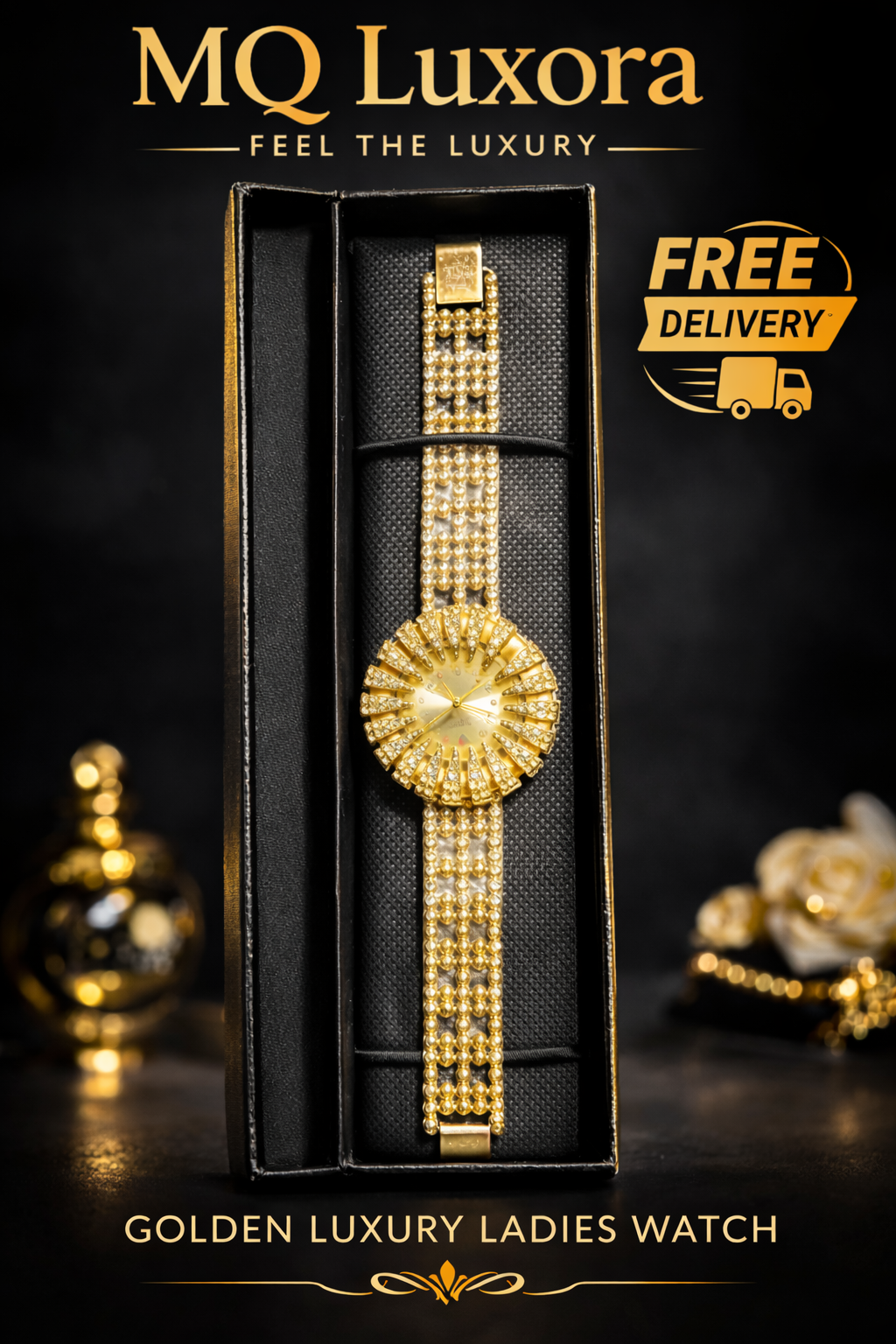 Golden Luxury Ladies Watch | MQ LUXORA | Elegant Design | Free Delivery